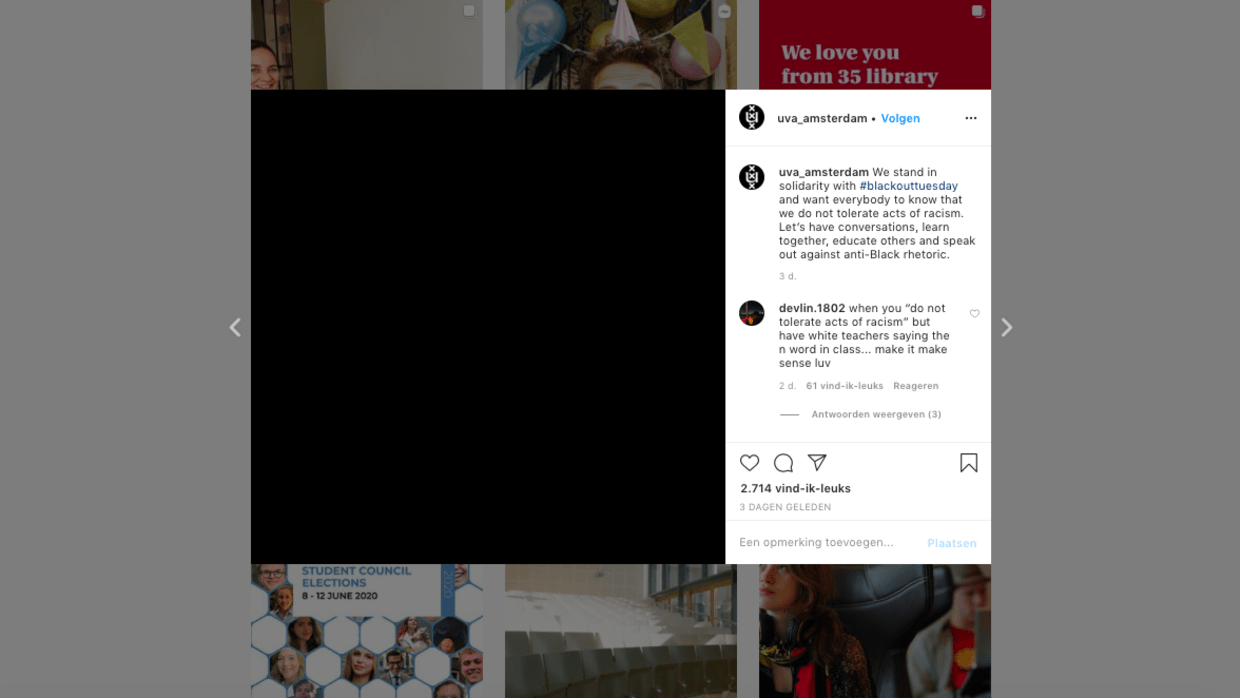 Hartjes, maar ook kritiek op #blackouttuesday-post: &lsquo;De UvA moet beleid veranderen&rsquo;